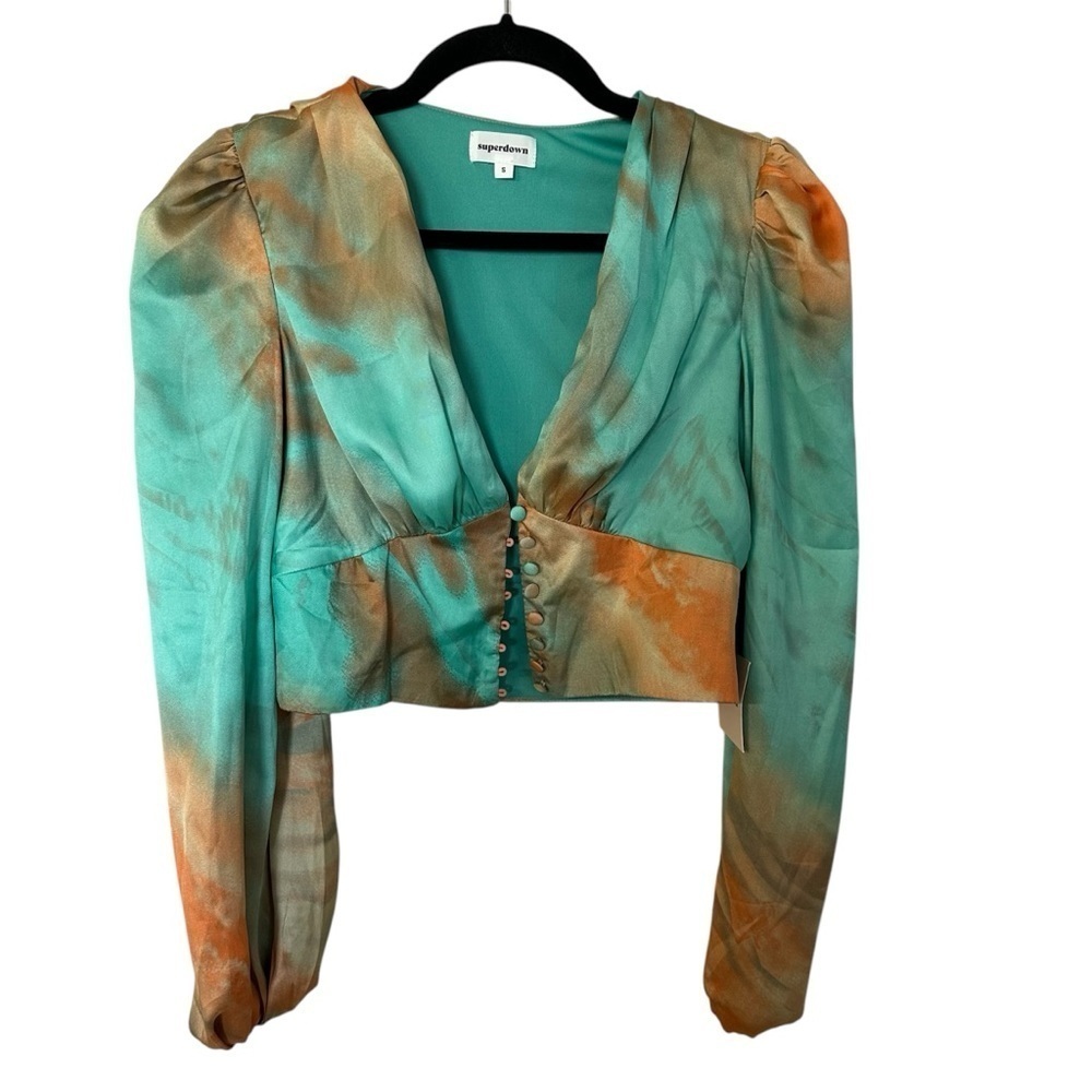 SuperDown Eleen Blouson Long Sleeve Teal and Orange Women's Top Sz S NWT